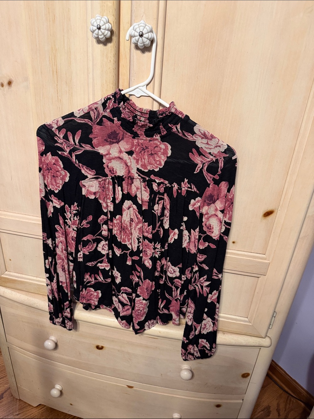 Lucky Brand Black Blouse with Rose-Mauve Floral Print